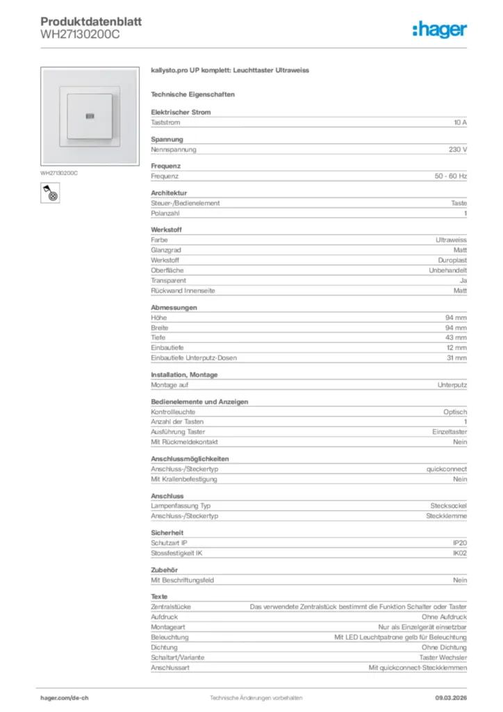 Bild Hager Produktdatenblatt WH27130200C | Hager Schweiz