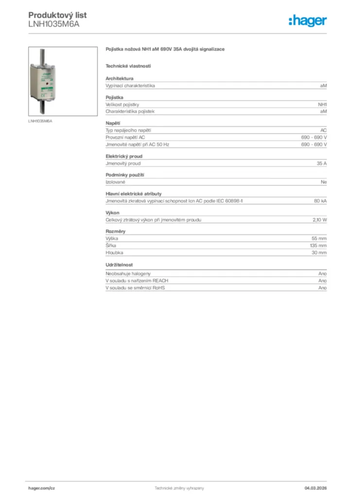 Obrázek Hager Product data sheet LNH1035M6A | Hager