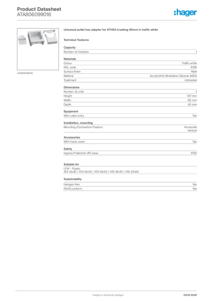 Image Hager Product data sheet ATA806099016  | Hager Africa