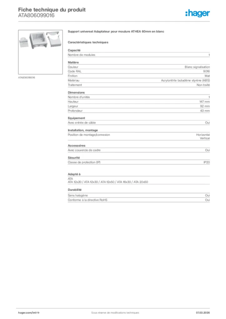 Image Hager Fiche technique du produit ATA806099016 | Hager Afrique
