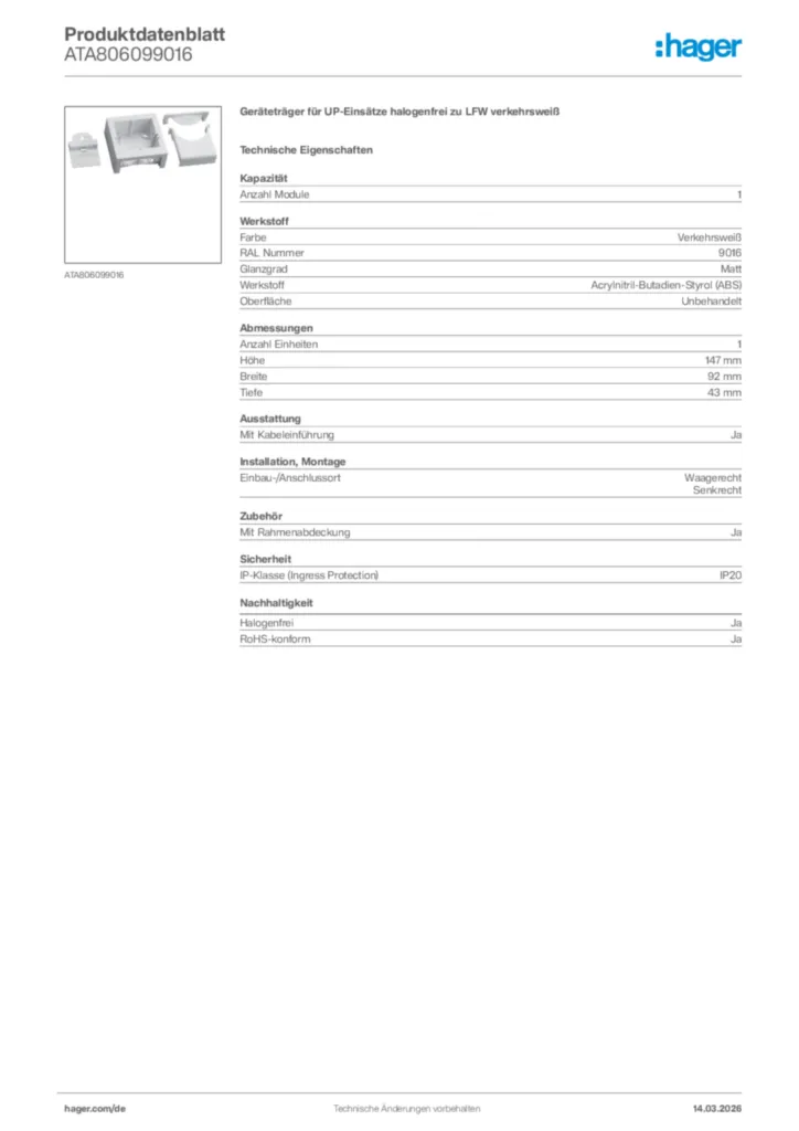 Bild Hager Produktdatenblatt ATA806099016 | Hager Deutschland
