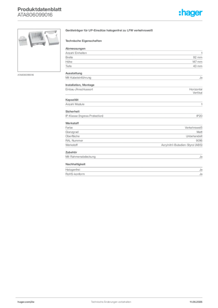 Bild Hager Produktdatenblatt ATA806099016 | Hager Deutschland