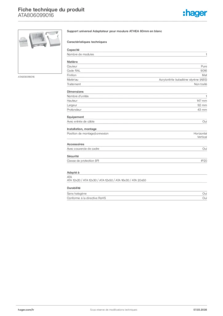 Image Hager Fiche technique du produit ATA806099016 | Hager France