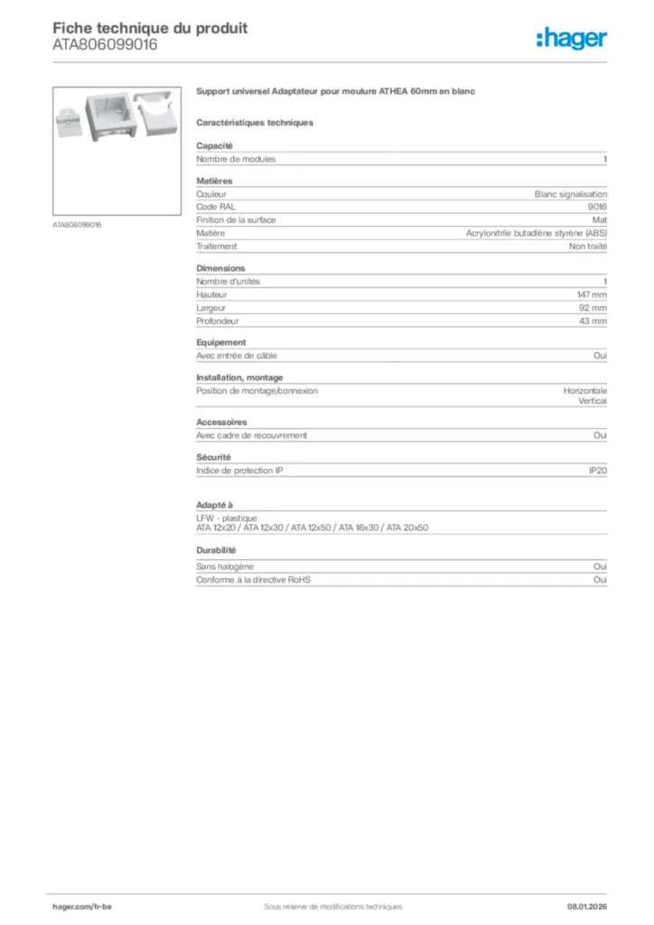 Image Hager Fiche technique du produit ATA806099016 | Hager Belgique