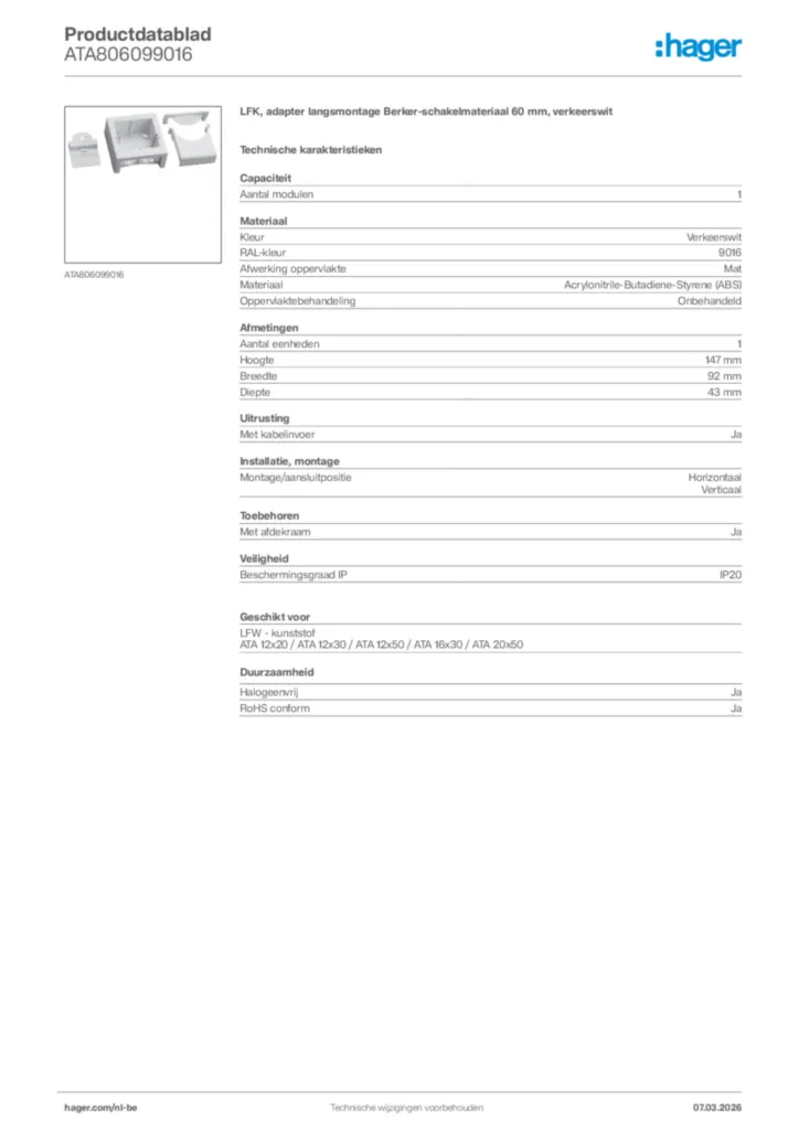 Afbeelding Hager Productdatablad ATA806099016 | Hager Belgium
