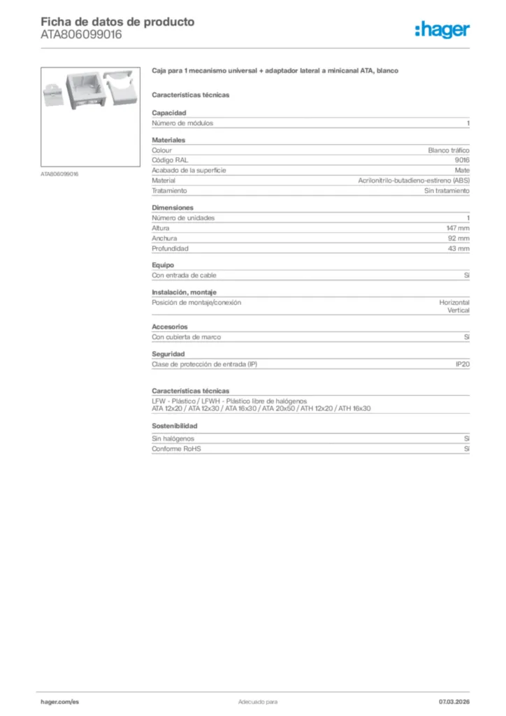 Imagen Hager Ficha de datos de producto ATA806099016 | Hager España