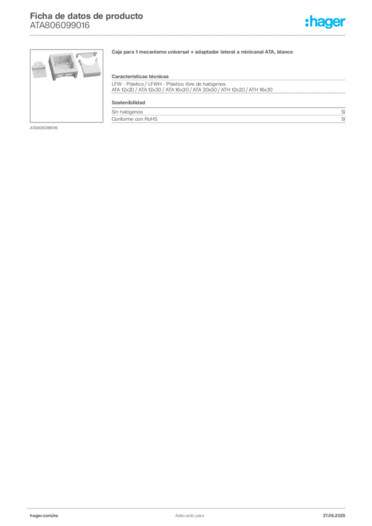 Imagen Hager Ficha de datos de producto ATA806099016 | Hager España