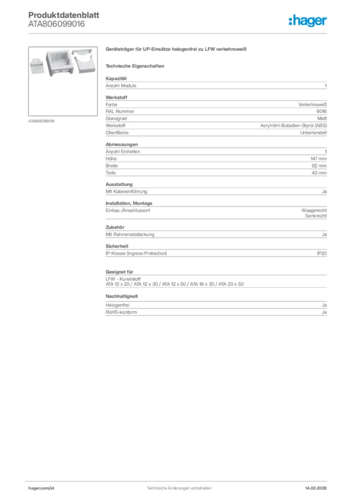 Bild Hager Produktdatenblatt ATA806099016 | Hager Deutschland