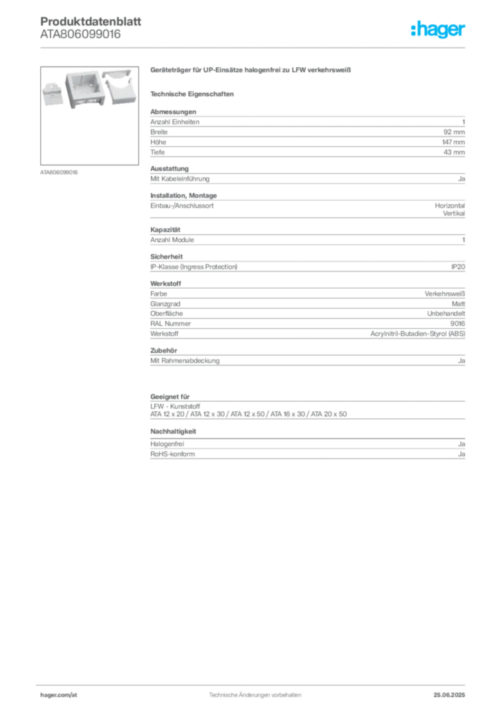 Bild Hager Produktdatenblatt ATA806099016 | Hager Deutschland