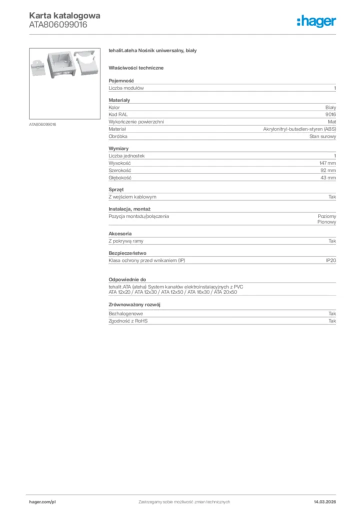 Zdjęcie Hager Karta katalogowa ATA806099016 | Hager Polska