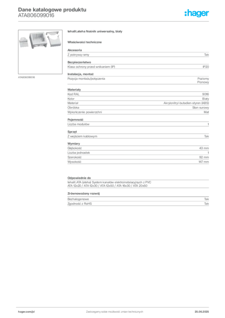 Zdjęcie Hager Karta katalogowa ATA806099016 | Hager Polska