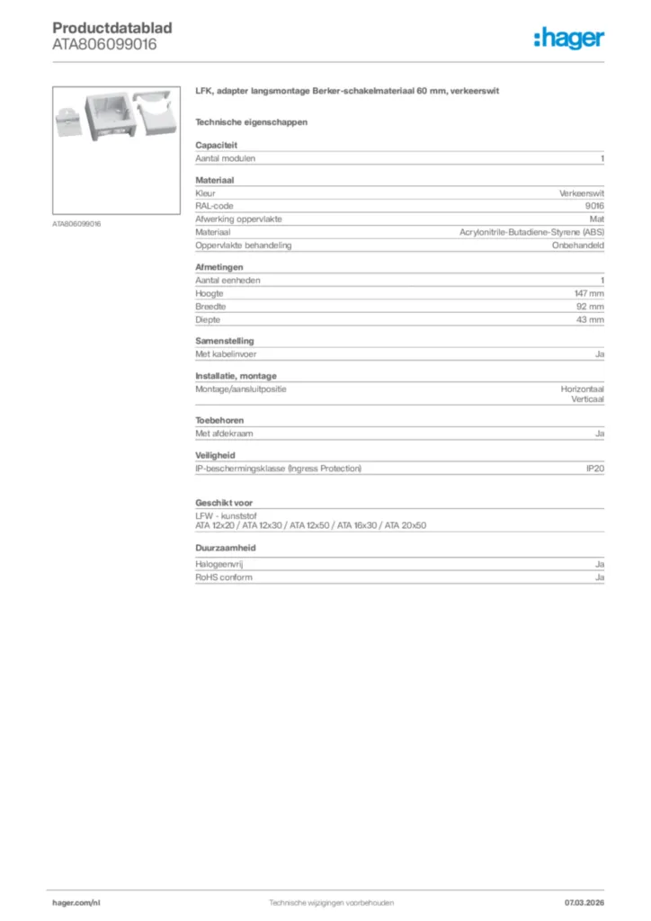 Afbeelding Hager Productdatablad ATA806099016 | Hager Nederland