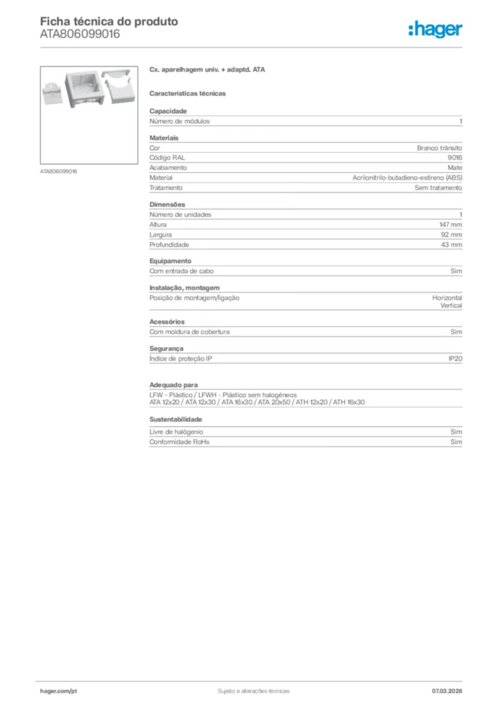 Imagem Hager Ficha técnica do produto ATA806099016 | Hager Portugal