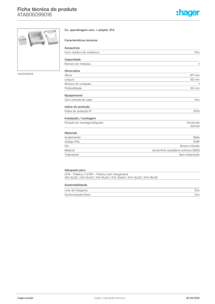 Imagem Hager Ficha técnica do produto ATA806099016 | Hager Portugal