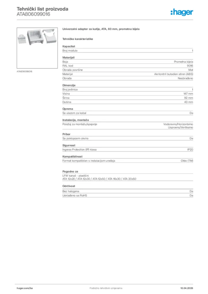 Slika Hager Tehnički list proizvoda ATA806099016  | Hager