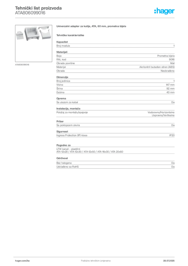 Slika Hager Product data sheet ATA806099016  | Hager