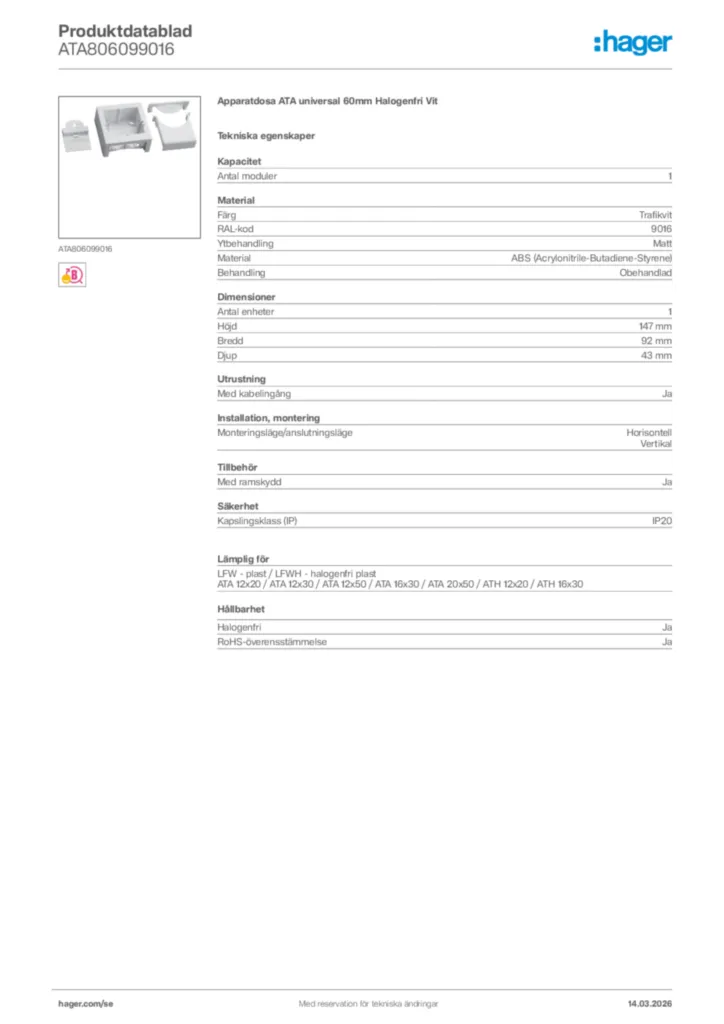 Bild Hager Produktdatablad ATA806099016 | Hager Sverige