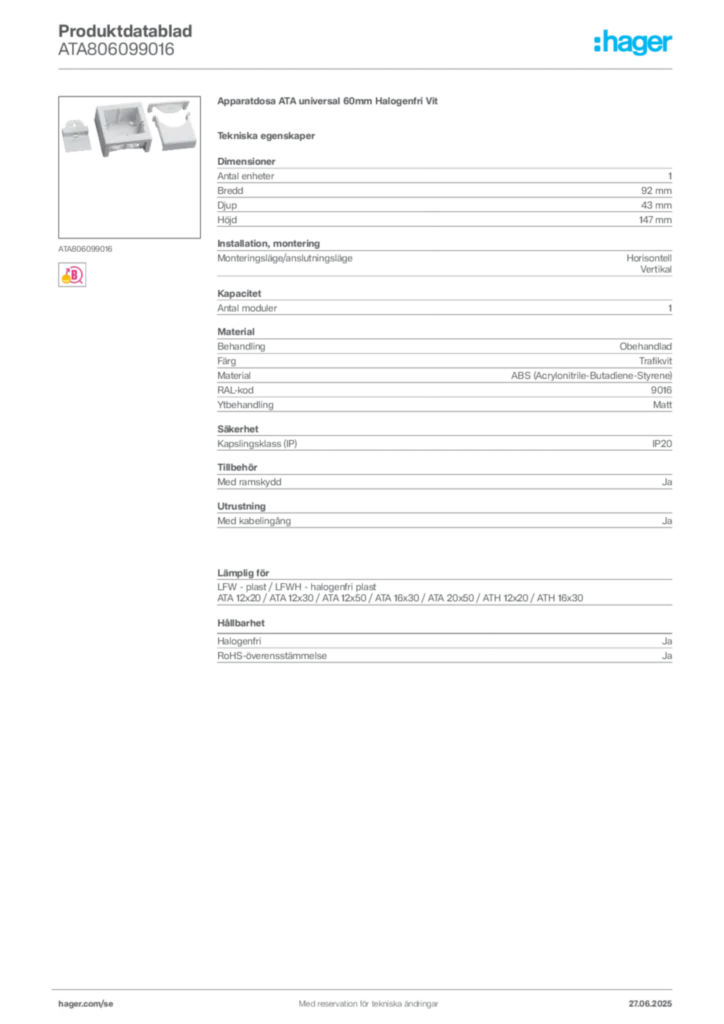 Bild Hager Produktdatablad ATA806099016 | Hager Sverige