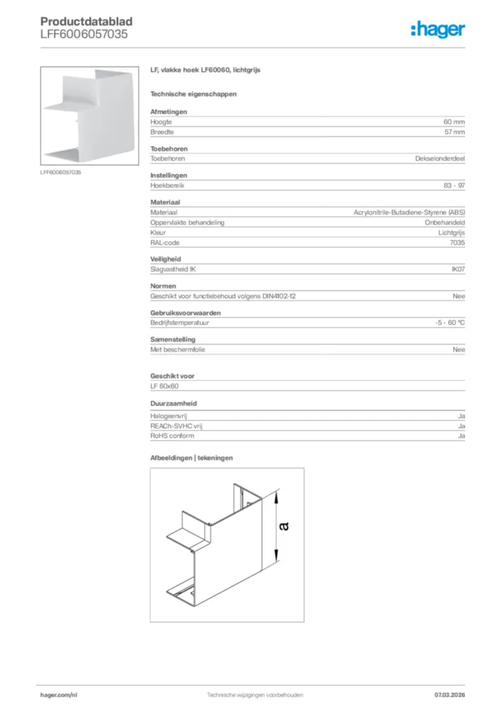 Afbeelding Hager Productdatablad LFF6006057035 | Hager Nederland