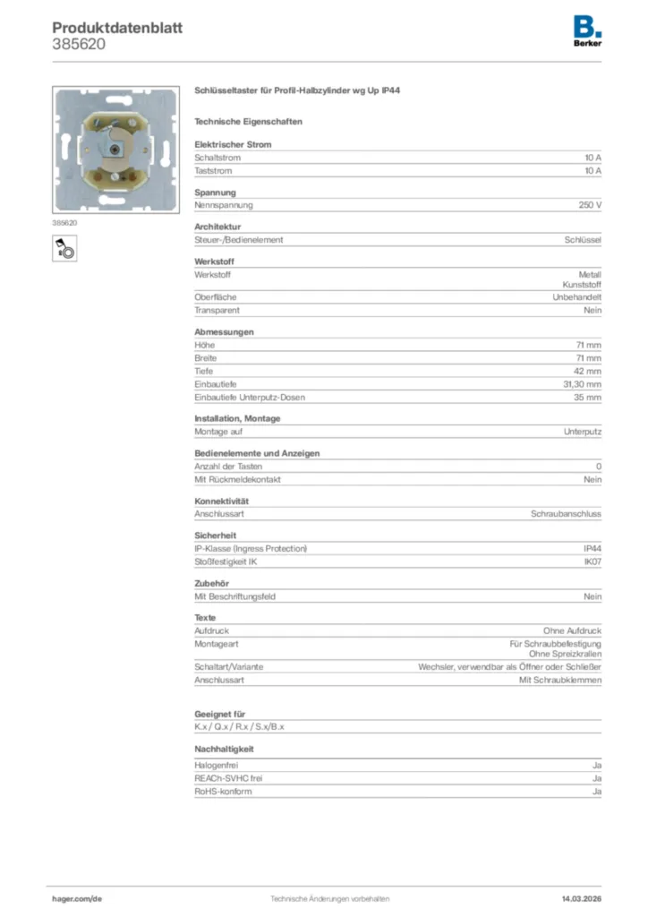 Bild Berker Produktdatenblatt 385620 | Hager Deutschland