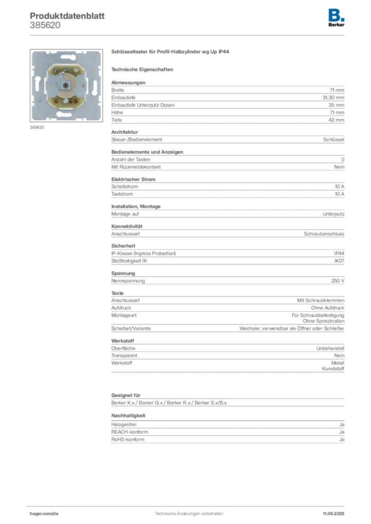 Bild Berker Produktdatenblatt 385620 | Hager Deutschland