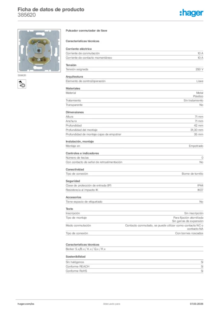 Imagen Hager Ficha de datos de producto 385620 | Hager España