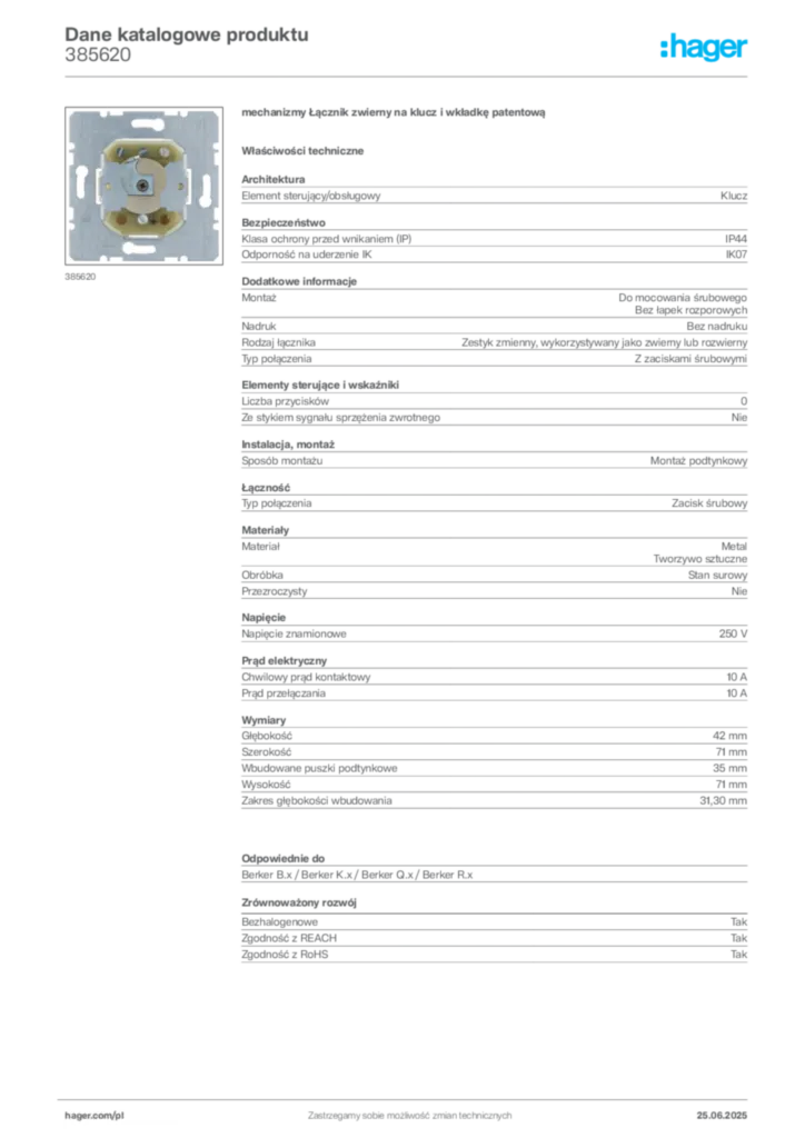 Zdjęcie Hager Karta katalogowa 385620 | Hager Polska
