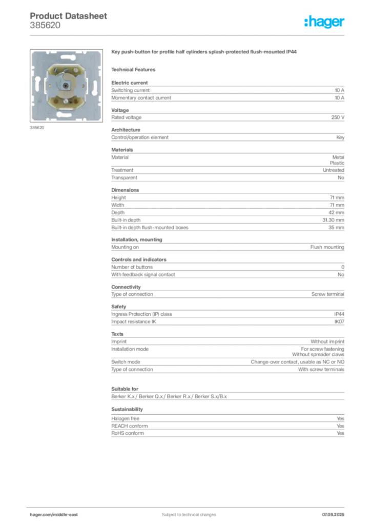 Image Hager Product data sheet 385620  | Hager