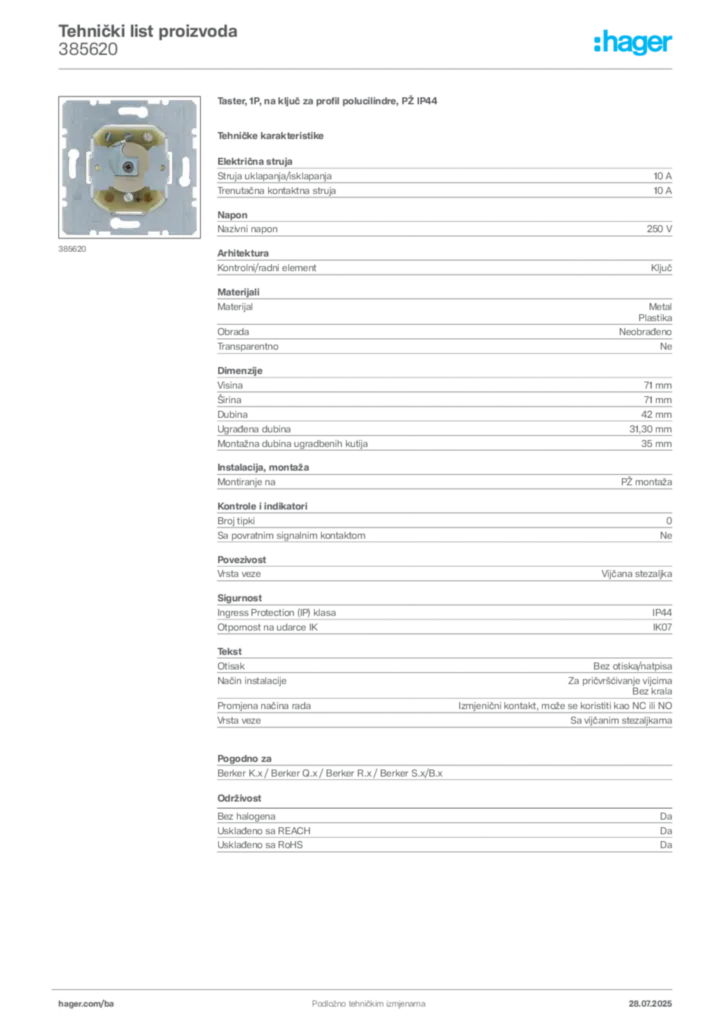 Slika Hager Product data sheet 385620  | Hager