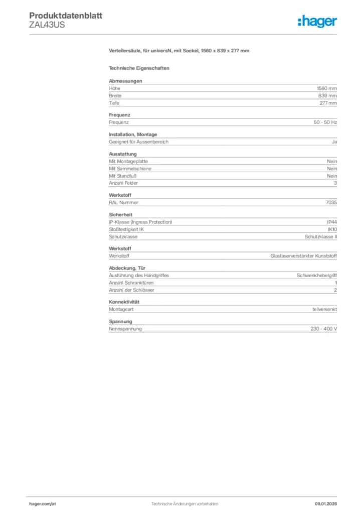 Bild Hager Produktdatenblatt ZAL43US | Hager Deutschland