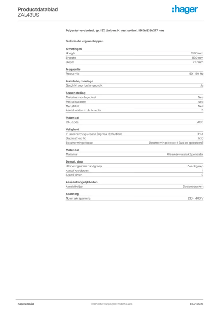 Afbeelding Hager Productdatablad ZAL43US | Hager Nederland