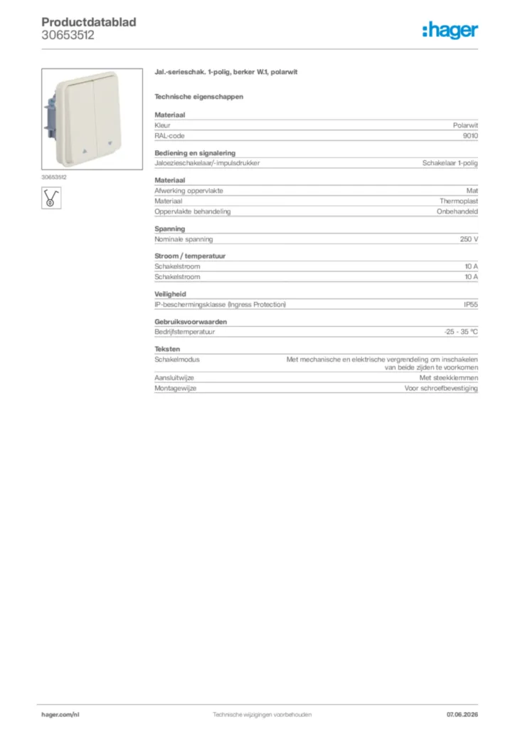 Afbeelding Hager Productdatablad 30653512 | Hager Nederland