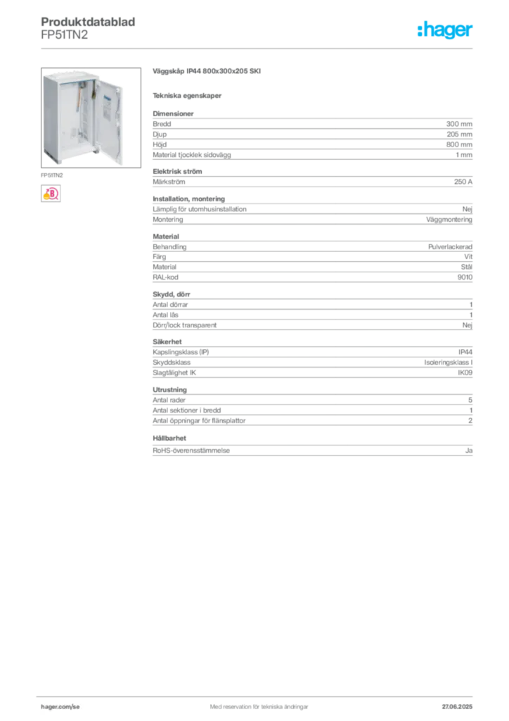 Bild Hager Produktdatablad FP51TN2 | Hager Sverige