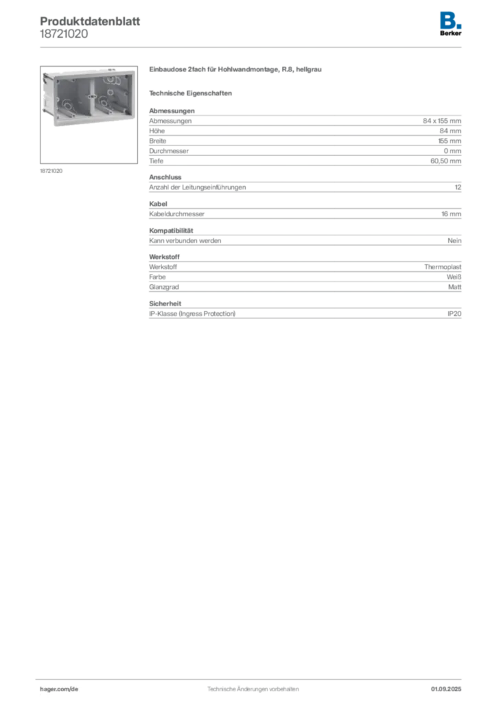 Bild Berker Produktdatenblatt 18721020 | Hager Deutschland
