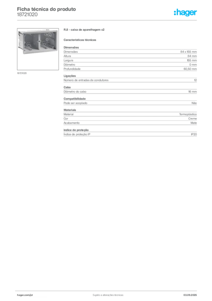 Imagem Hager Ficha técnica do produto 18721020 | Hager Portugal