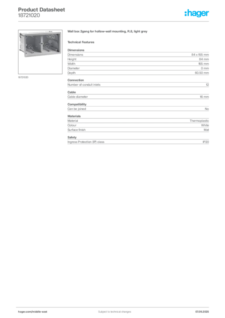 Image Hager Product data sheet 18721020  | Hager