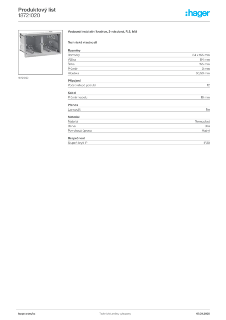 Obrázek Hager Produktový list 18721020 | Hager