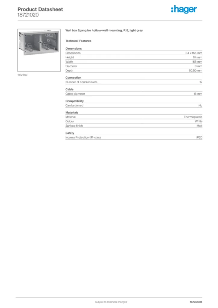 Image Hager Product data sheet 18721020  | Hager