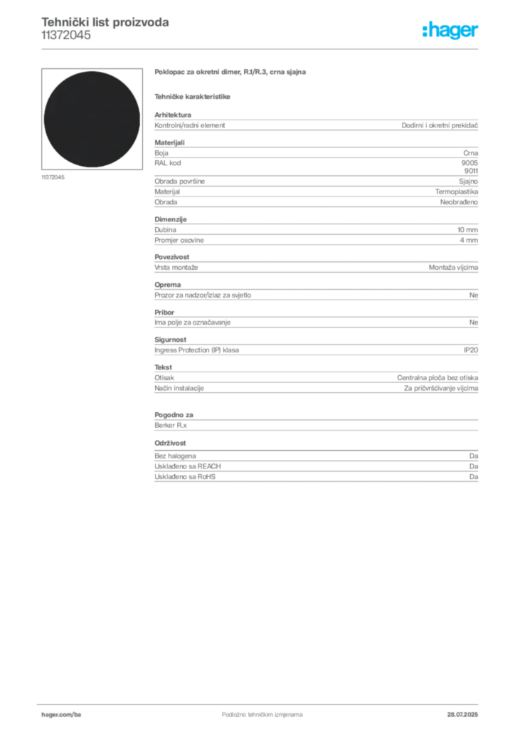 Slika Hager Product data sheet 11372045  | Hager