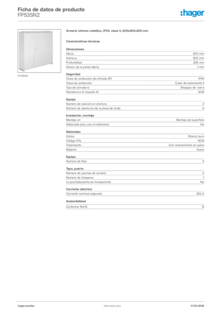 Imagen Hager Ficha de datos de producto FP53SN2 | Hager España