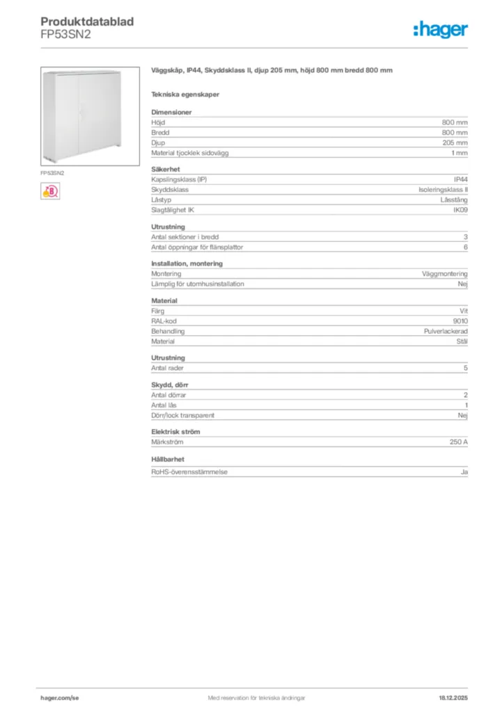 Bild Hager Produktdatablad FP53SN2 | Hager Sverige