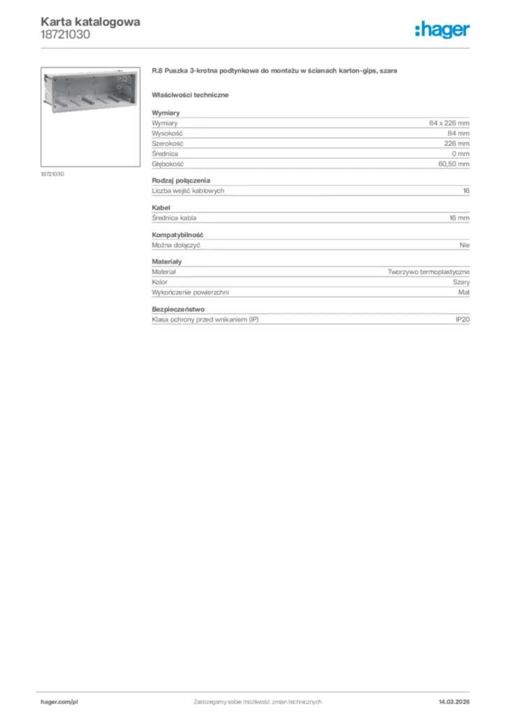 Zdjęcie Hager Karta katalogowa 18721030 | Hager Polska