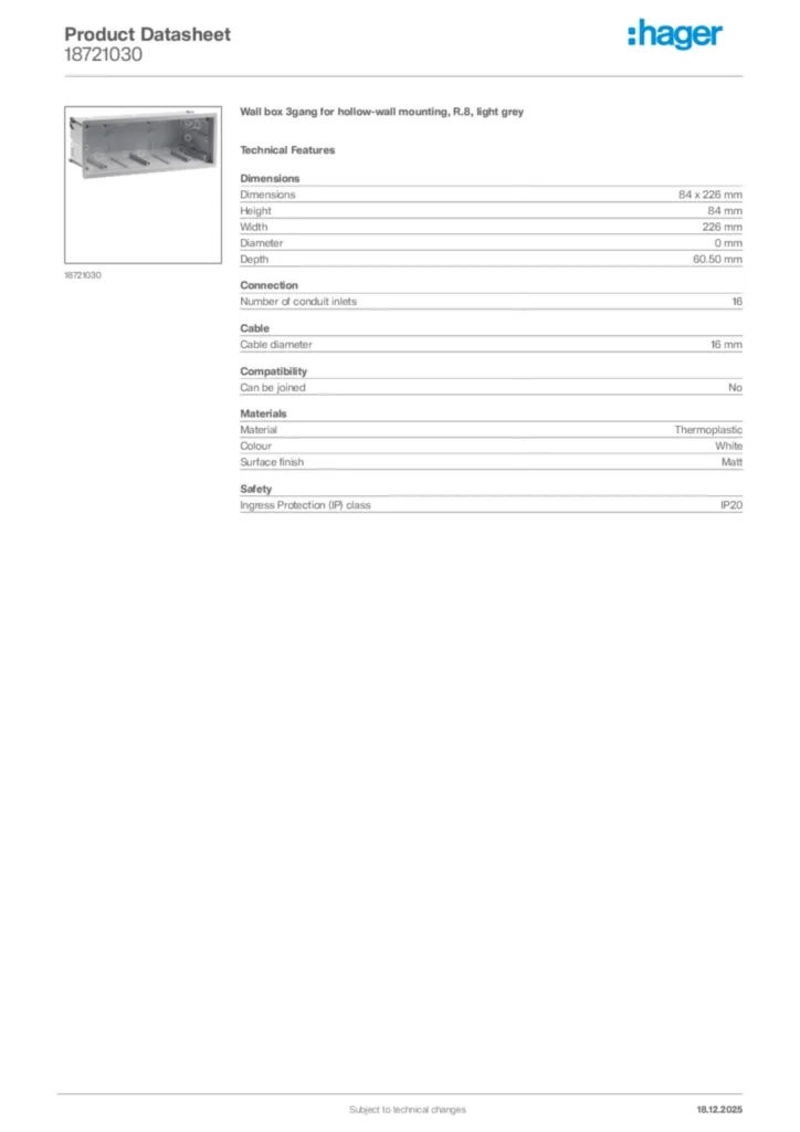 Image Hager Product data sheet 18721030  | Hager