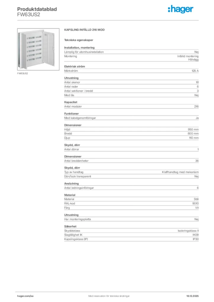 Bild Hager Produktdatablad FW63US2 | Hager Sverige