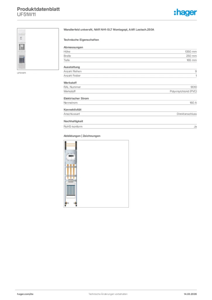 Bild Hager Produktdatenblatt UF51W11 | Hager Deutschland