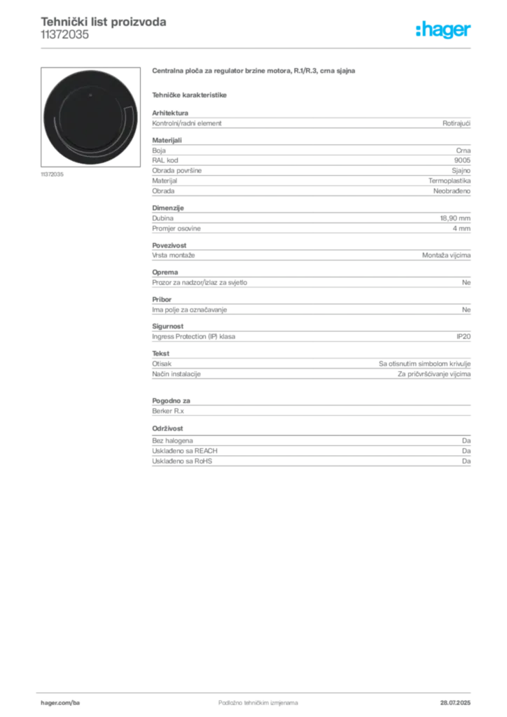 Slika Hager Product data sheet 11372035  | Hager
