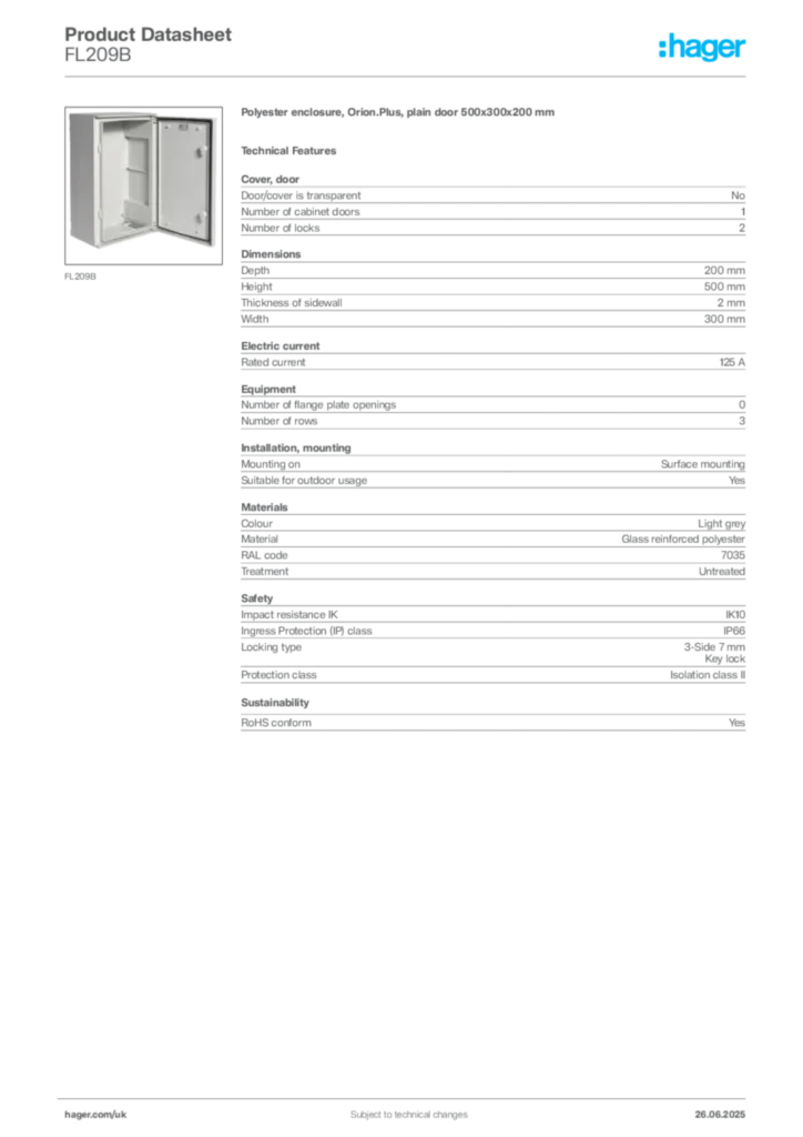 Image Hager Product data sheet FL209B  | Hager
