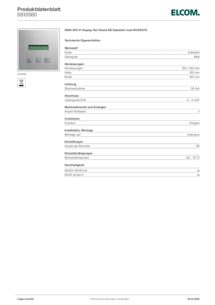 Bild Elcom Produktdatenblatt 5813560 | Hager Deutschland