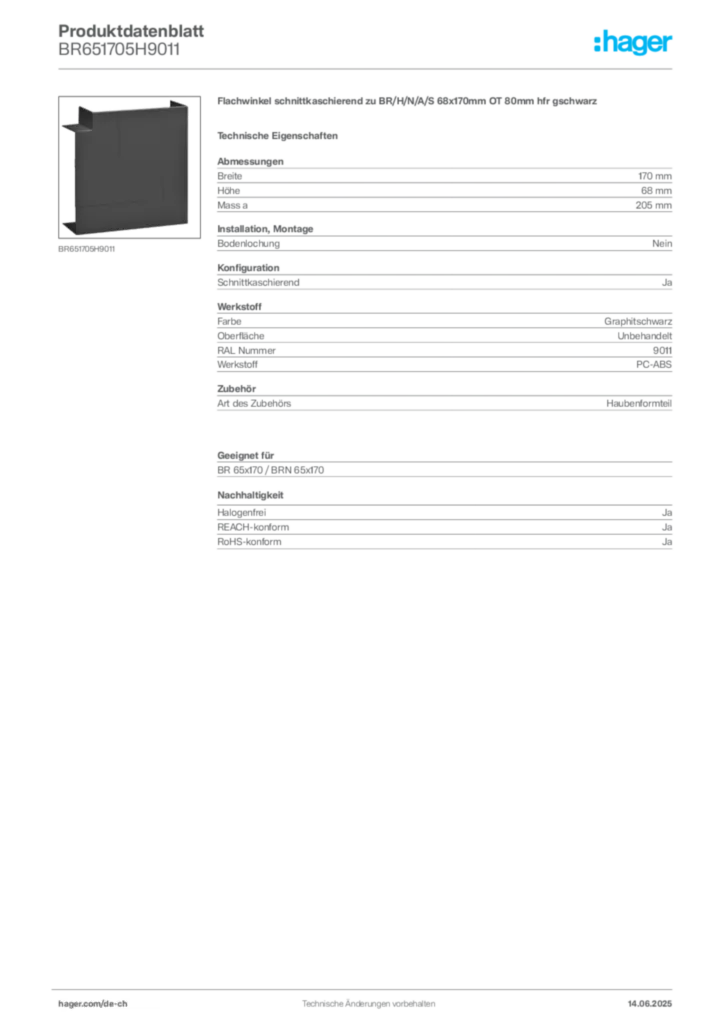 Bild Hager Produktdatenblatt BR651705H9011 | Hager Schweiz