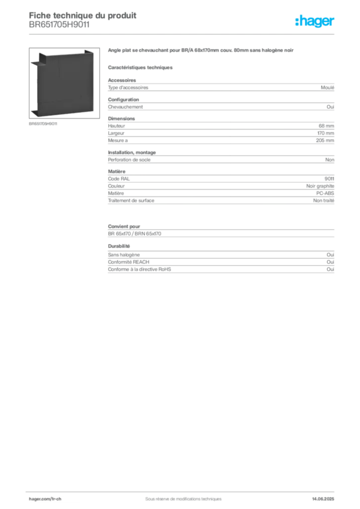 Image Hager Fiche technique du produit BR651705H9011 | Hager Suisse